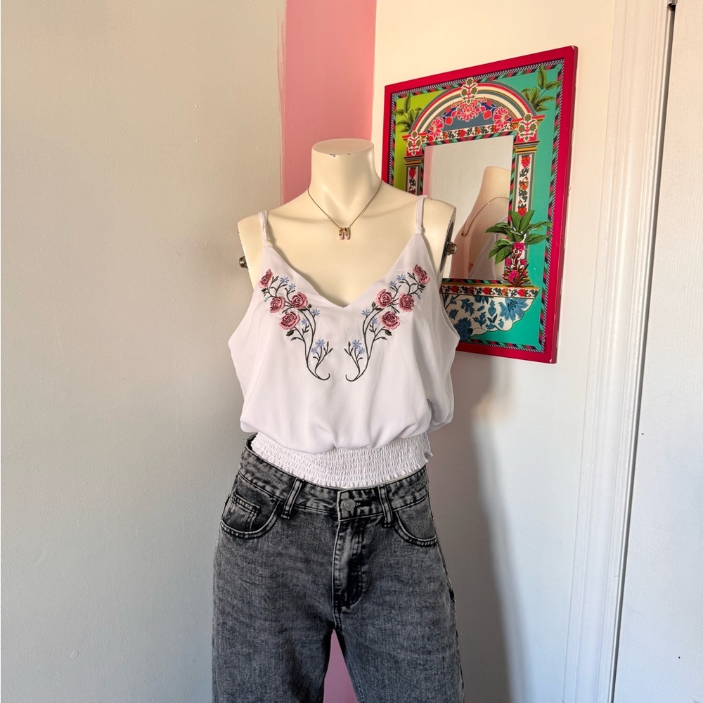 Forever 21 White Sleeveless Flowy Top with Pink + Blue Flowers